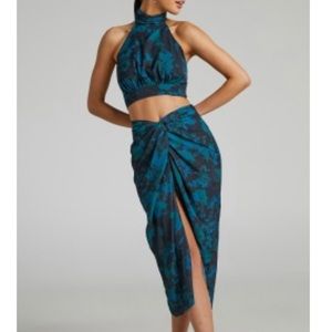 ShowPo MIRSKI HIGH NECK HALTER TOP + TWIST FRONT MIDI SKIRT 2 PIECE SET IN JEWEL